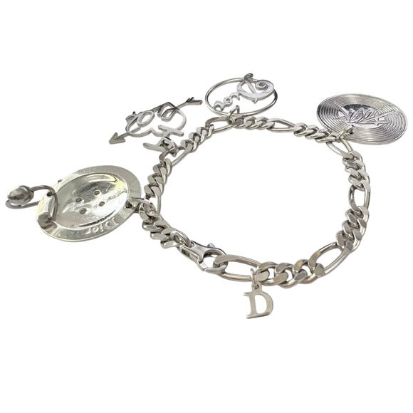 AUTH VTG Christian Dior Silver Figaro Chain Link Large Logo Charm Bracelet - Picture 13 of 16